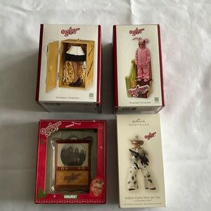 Set of 4 ornaments from A Christmas Story, Leg Lamp, Bunny Suit, Ralphie.